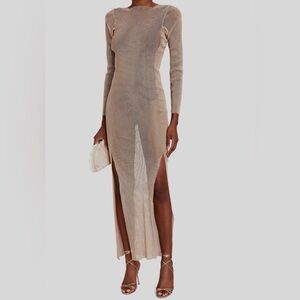 Sheer Rhinestone Crystal Diamond Mesh Maxi Gown Dress Long Sleeve Party S/M